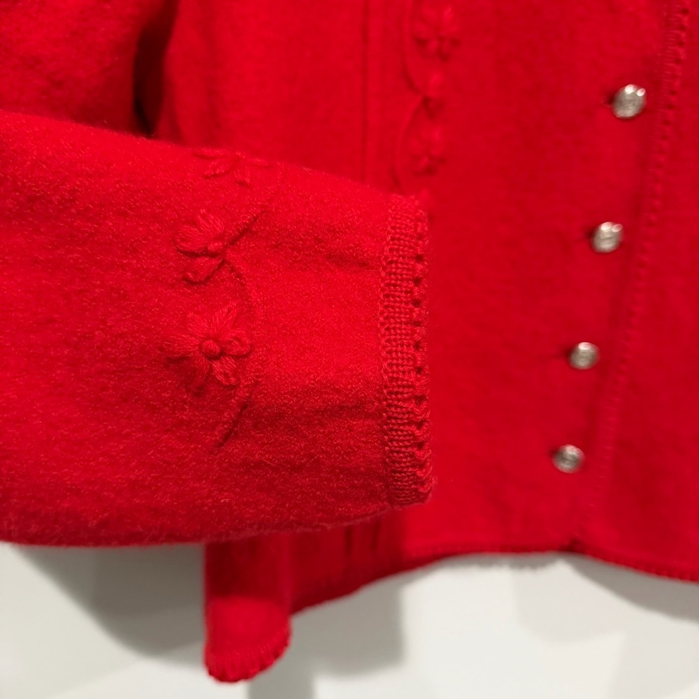 Vintage Sigi Scheiber Red Boiled Wool Cardigan Floral Embroidery Austria Size 12 - Picture 2 of 8